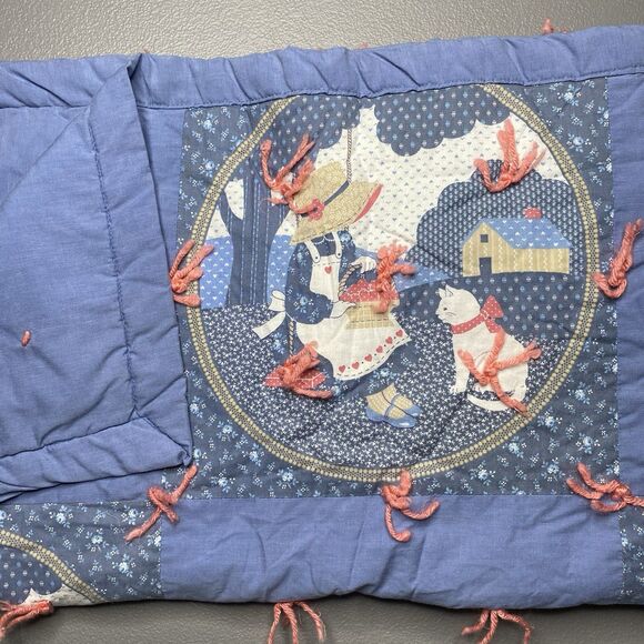 Vintage Holly Hobbie Cat Handmade Quilt Lap Blanket Blue Folk Country Cottage - Picture 6 of 8